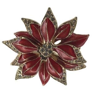 Poinsettia Christmas Brooch Rhinestones Red Costume Jewelry Vintage